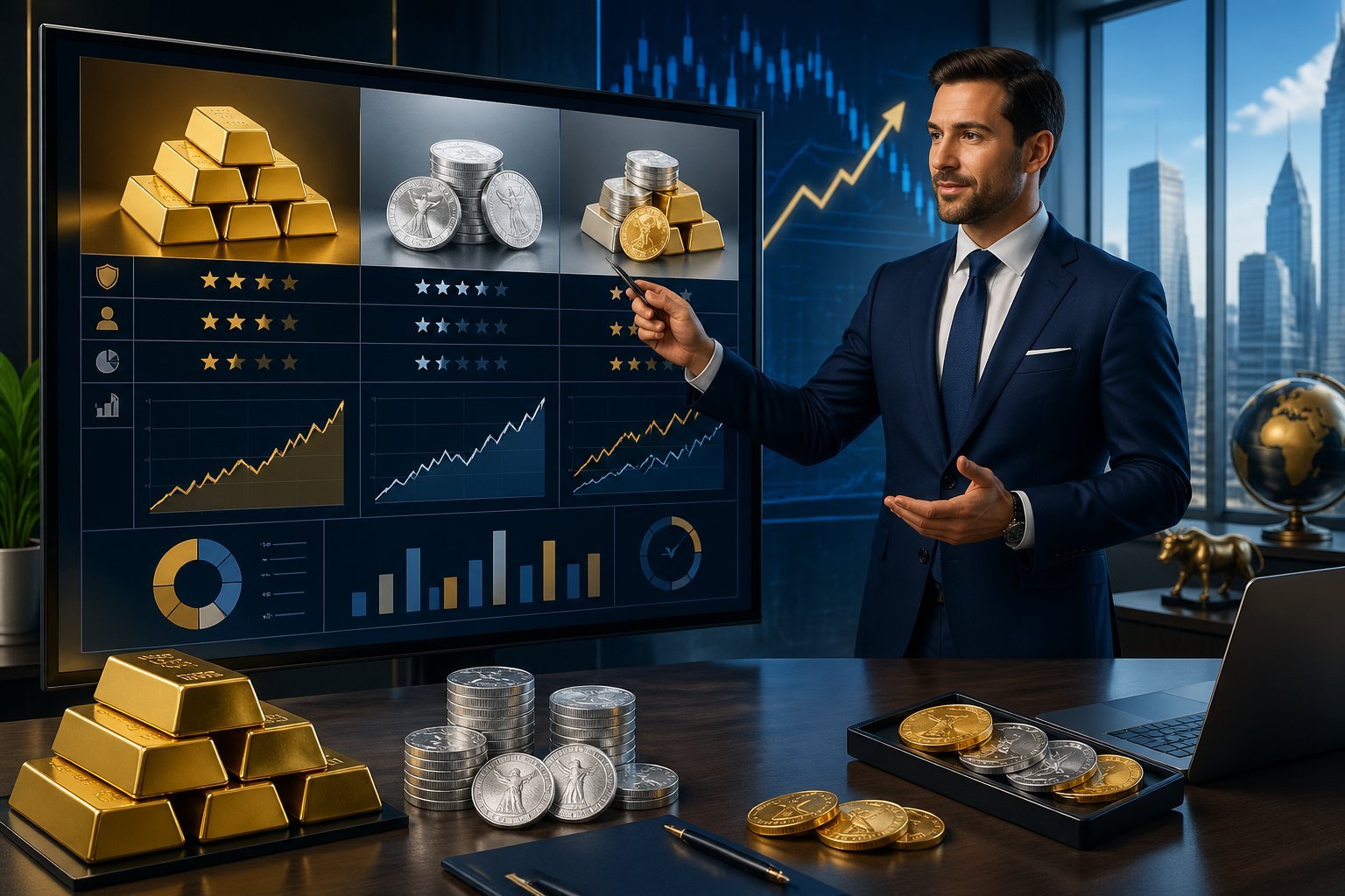 A financial advisor presenting a comparison chart with gold bars and silver coins in a modern office setting.
