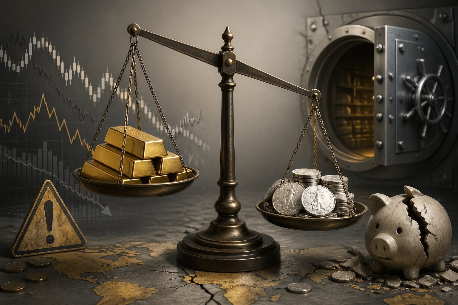 A balanced scale with gold bars and silver coins tipping unevenly, surrounded by symbols of financial risk like fluctuating graphs, a warning sign, and a cracked piggy bank.